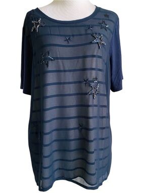 Les Copains Italy Navy Striped Top Blouse Stars Old Money Nautical Preppy XL